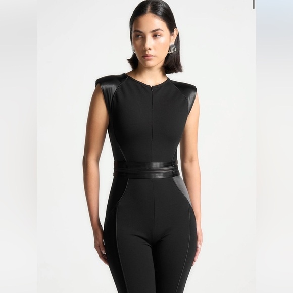 Satin Contour Flared Jumpsuit - Black - Picture 10 of 14